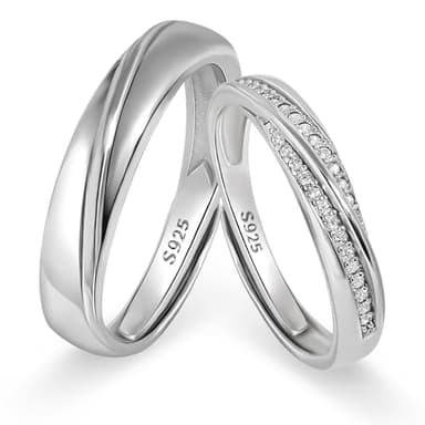 Meissa 2Pcs Couple Rings for Men and Women 925 Sterling Silver Wedding Band Matching Promise Rings Size Adjustable Handmade Bridal Jewelry Size 3-10 (Set of Two Rings)
