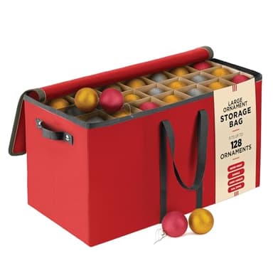 Large 128 Christmas Ornament Storage Box, Adjustable Compartment Dividers, Dual Zipper, Stackable Holiday Decorations Organizer with Lid, Xmas Durable Fabric Bin, Reinforced Handles Space-Saving (Red)