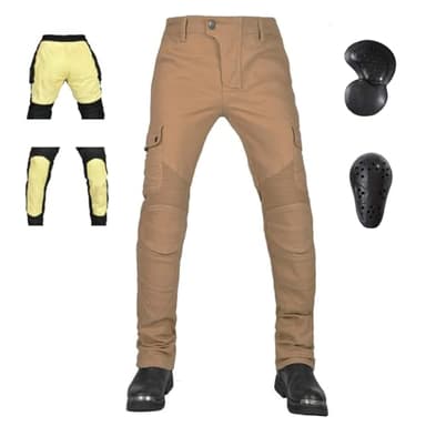 LOMENG Motorcycle Pants with Kevlar Riding Jeans Motorbike Racing Pants with CE Knee Hip Removable Armored for Men Khaki 32