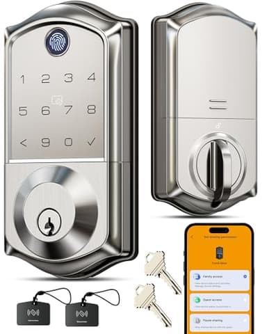 Veise VE017 Fingerprint Smart Door Lock, App Control, 8-in-1 Keyless Entry, Auto Lock, Emergency Power Port, Electronic Touchscreen Keypad, Biometric Smart Locks for Front Door, Satin Nickel
