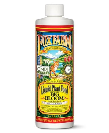 Fox Farm Big Bloom Liquid Plant Food - Organic Bloom Fertilizer for Flowering & Fruiting Plants, Contains Earthworm Castings & Bat Guano - Supports All Stages of Plant Growth - 0-0.5-0.7 NPK, 1 Pint