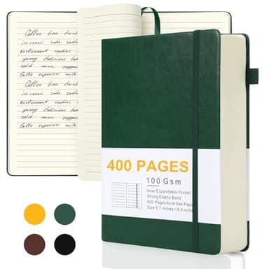 Journals for Writing, A5 Leather Ruled Notebook with 400 Pages, 100 Gms College Ruled Journal with Thick Paper, Hardcover with Inner Pocket & Pen Holder, Dark Green