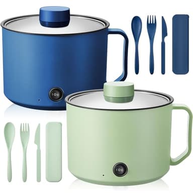 Romooa 2 Pcs 1.5l Electric Ramen Cooker Hot Pot Electric Dual Power Noodle Cooker, Boil Dry Protection, Nonstick, Multifunctional Lazy Pot for Cooking Pasta, Noodles, Egg, Dorm Home Travel 7x3.15"