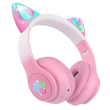 FLOKYU Kids Wireless Headphones LED Light up Cat Bluetooth Headphones, Color Changing Cat Ear Wireless Headsets with Microphone for Kids/Girls/School/Christmas (Pink Pro)