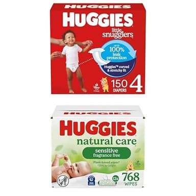 Little Snugglers Bundle: Huggies Little Snugglers Baby Diapers, Size 4 (22-37 lbs), 150 Count & Huggies Natural Care Sensitive Baby Wipes, 768 Count (12 Packs of 64)