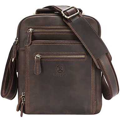 Ringsun Small Genuine Leather Mens Purse Bag, Full Grain Leather Man Purse Man Bag Messenger Bag for Men and Woman Zipper Crossbody Shoulder Satchel Bag for Work Business,Coffee,RS30-10