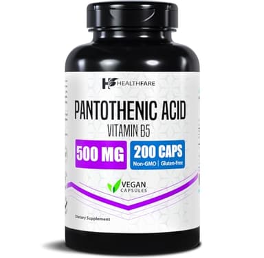 Healthfare Pantothenic Acid 500mg Vitamin B5 Supplement | 200 Vegan Capsules | Extra Strength Energy & Metabolism Support | Non-GMO, Gluten-Free | Made in USA