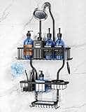 YASONIC Shower Caddy Hanging - Never Rust Shower Organizer - Aluminum over The shower head caddy with 10 Hooks for Razor/Sponge - Shower Rack with Soap Basket - Black