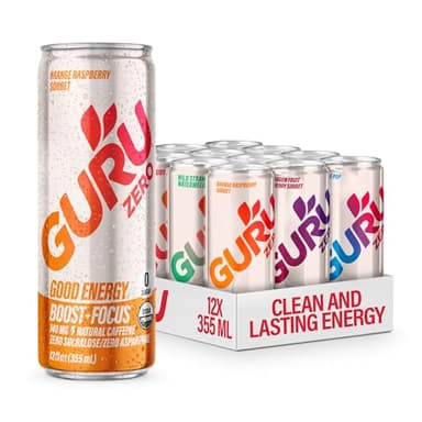 GURU Zero Sugar Energy Drink Variety Pack, Organic Sparkling Energy Drink with 140 MG Natural Caffeine & Coconut Water for Workouts, Performance & Midday Boost, Gluten Free, 6 Flavor Variety, 12 Fl Oz, 12 Pack