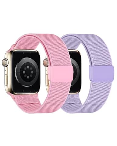 2 Pack Stretchy Nylon Solo Loop Compatible with Kids Apple Watch Bands 38mm 40mm 41mm& 42mm 44mm 45mm 46mm, Easy Buckle Adjustable Elastic Nylon Strap Replacement for iWatch Series 11/10/9/8/7/6/5/4/3/2/1/SE 3/SE 2/SE Boys Girls (Purple+Pink, 38/40/41/42mm(Series 10/11))