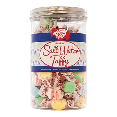 Taffy Town Saltwater Taffy, Assorted Flavors | Gourmet Nougat-Style Candy | Individually Wrapped Soft Chewy Treats | Party Snacks, Summer Desserts, Goody Bags | 18 oz Bulk Can