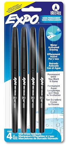EXPO Wet Erase Markers, Semi-Permanent Overhead Transparency Markers, Black, Ultra Fine Tip, 4 Count