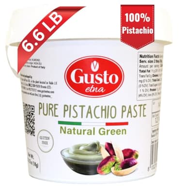 Pure 100% Pistachio Paste Bucket, Unsweetened, Tub, 6.6 lb (3 kg), No Artificial Colors, No Sugar, Nut Spread Bulk, Italian Paste for baking, Product of Sicily, Italy, 7 g Protein, Gusto ETNA