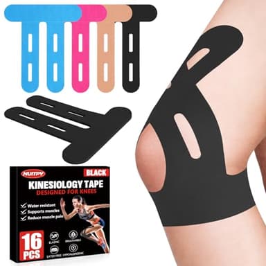 16 Pcs Kinesiology Tape for Knees, Pre Cut Knee Support & Stability, Elastic, Breathable, Latex-Free Pain Relief Athletic Tape for Knee - Black