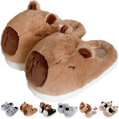 Rhino Slippers, Cute Plush Animal Funny Slippers Novelty Koala Raccoon Hedgehog Sloth Dinosaur Cozy Soft Winter Warm Fuzzy House Shoes for Women Men (Brown Capybara,12-13 Women/10-11 Men)
