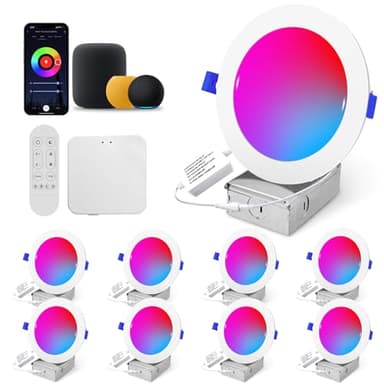 Wi-Fi & Bluetooth Smart Recessed Lighting 6 Inch RGB Downlight Can Lights – 13W 1100LM 93CRI, Ceiling Light with Signal-Boosting Mesh Gateway, Alexa/Google/Siri & Remote/App/Switch Control, 8 Pack