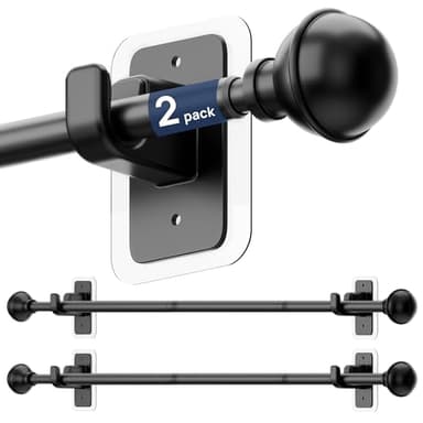 ENJOYBASICS 2 Pack No Drill Curtain Rods for Window 28 to 48 Inches, 5/8 Inch Diameter Renter Friendly Drapery Rod with Adhesive Brackets without Drilling, Adjustable from 27 to 52 Inches, Black