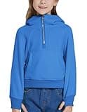 Fdqin Girls Half Zip Up Cropped Hoodies Long Sleeve Cute Sweatshirt Fleece Pullover Tops with Thumb Hole Royal Blue 4-5Years