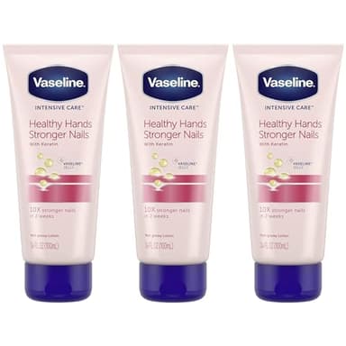 Vaseline Lotion, Healthy Hands Stronger Nails with Keratin 3-Pack – Intensive Care Hand Lotion with Petroleum Jelly, 3.4 Oz Ea