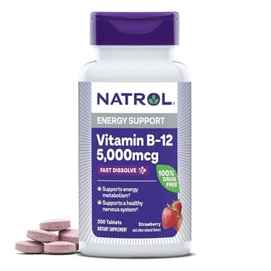 Natrol B12 Vitamins 5000 mcg, Fast Dissolve Vitamin B12 Supplement Supports a Healthy Nervous System and Energy Metabolism, 200 Tablets, Up to a 200 Day Supply