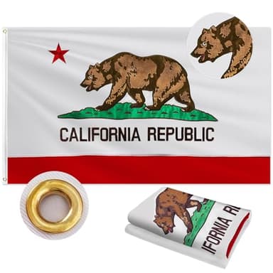 California Flag 3x5 FT Outdoor, Double Sided Heavy Duty 210D Polyester Fabric, Embroidered Bear & Star and 4 Rows Stitching Fly Ends with 2 Brass Grommets | State of California Republic CA Flag