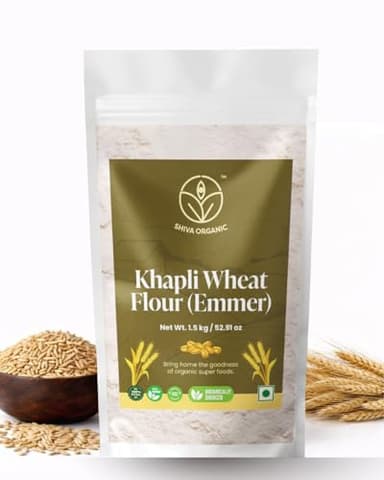 Shiva Organic Khapli Wheat Atta - 1.5 kg | Emmer Wheat Flour | High Fiber, Low Gluten, Ancient Grain with Abundant Bran