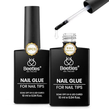 Beetles 9 in 1 Gel Nail Glue for Acrylic Nails Tips, 2 Pcs 10ml Super Strong Nail Glue for Clear False Nails Tips Base Coat Rhinestones Blooming Art Spring Nails Long Lasting U V Light Cure