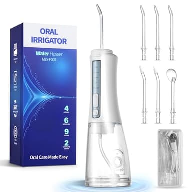 Water Dental Flosser Teeth Pick Cordless Water Teeth Cleaner 300ML Portable Oral Irrigator with 4 Modes and 6 Jet Tips IPX7 Waterproof Flossing Cleaning Machine - White