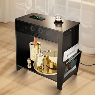 Bluetooth Speaker End Table, Smart End Table with 2 Subwoofer for Deep Bass, Side Table with Charging Station, Wireless Charger, Magazine Holder and Cup Holder, Bluetooth/AUX Connection,24"Wx12"Dx24"H
