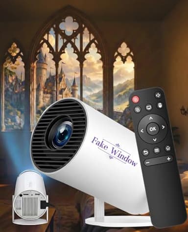 Fake Window Projector for Reading, 4k Window Scene Pre-Installed App for Instant Fantasy Ambience Scenes, 210° Rotation & Built-In Speaker , ±15° Auto Correction, 100" Screen from 2m