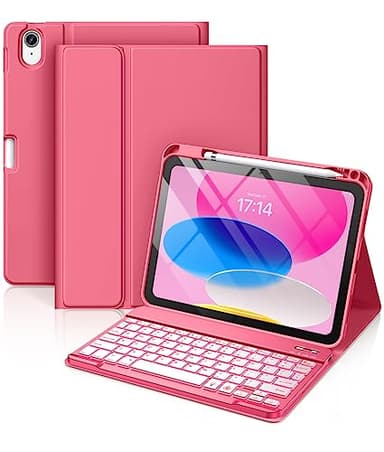 Hamile for iPad 11th 10th Generation Case with Keyboard - 7 Colors Backlit Wireless Detachable Folio Keyboard Cover with Pencil Holder for iPad 11-inch A16 2025 10th Gen 10.9 Inch 2022 (Pink)