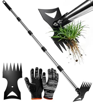 Nelyeqwo 71in Weed Puller Tool with Long Handle, 2 in 1 Adjustable Manual Weeders for Uprooting, Heavy Duty Hand Weed Rake and Garden Hoe with Gloves for Gardens, Lawns, Yards