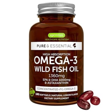 Igennus Ultra Pure Omega 3 Triglyceride rTG Wild Fish Oil 1360mg, IFOS Certified, EPA DHA 1000mg Plus Astaxanthin, Non-GMO, for Men & Women, 180 Softgels