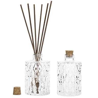 MyGift Small Clear Glass Reed Diffuser Bottles, Vintage Embossed Apothecary Style Flower Bud Vases with Cork Lids, Set of 2