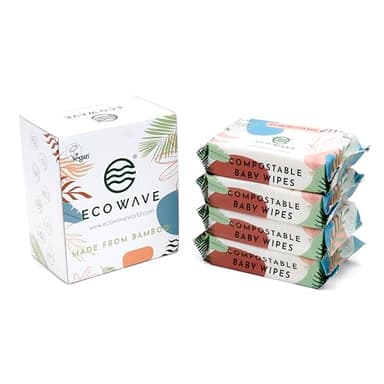 Eco Wave Baby Wipes, 100% Compostable Eco-Friendly Bamboo Wipes, Unscented, Hypoallergenic, Vegan, Alcohol-Free, Suitable For Sensitive Skin (Pack of 4)