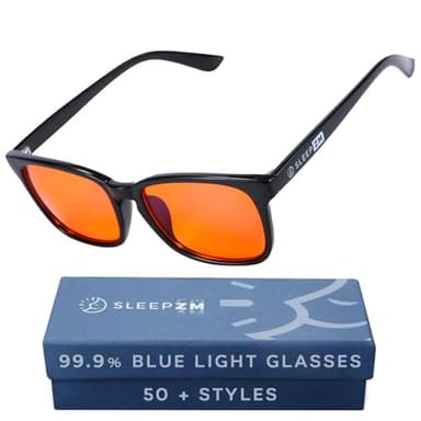 Sleep ZM Blue Light Blocking Glasses for Women + Men - Better Sleep + Anti Eye Strain Protection - Computer Screens & Gaming - Black Wayfarer - 99% Night-time Amber Lens