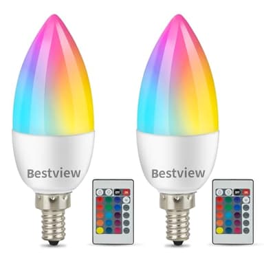 Bestview E12 Color Changing Light Bulbs, Candelabra Multicolor RGB LED Light Bulbs with Remote Control, RGBW White 3W Base,Mood Flood Candle Colored Light Bulb for Home Party Bedroom Outdoor(2PCS)