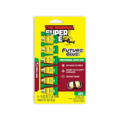 Super Glue Future Glue Gel 6 Mini Single Use Tubes, Clear, Instant Bonding, Fast Dry, Professional Cyanoacrylate Adhesive, Great for Wood, Metal, Plastic, Crafts, Ceramic, and Toy Repairs