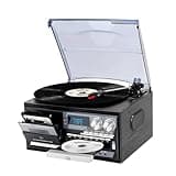 Vintage Record Player 9-in-1 Turntable with Built-in Speakers, AM/FM Radio, CD & Cassette Player, Bluetooth USB/SD Playback, Remote Control, Aux & RCA Inputs, Headphone Jack for Music Fans