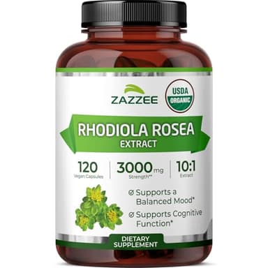 Zazzee USDA Organic Rhodiola 10:1 Extract, 120 Capsules, 4 Month Supply, Rhodiola Rosea, Energy, Stress & Mental Focus Support, Concentrated 10X Extract, All-Natural, Non-GMO, Made in the USA