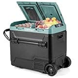 COSTWAY Car Refrigerator with Wheels, 64-Quart Dual-Zone Dual-Temperature Electric Cooler, 12V/24V DC, 100-240V AC, -4°F to 68°F, Reversible Lids, Portable Car Freezer for RV Camping, Green+Black