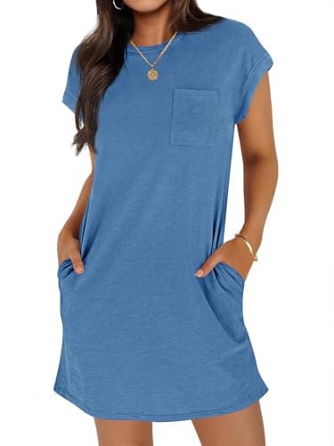 Wenrine Women's Summer T Shirt Dress Casual Short Sleeve Crewneck Loose Fit Mini Dresses with Pockets Navy