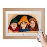 10.1" Digital Picture Frame with Remote Control, 1280 * 800 IPS Full View Ultra Clear Screen, Removable Wooden Frame, Share Videos Photos Send Wishes Auto-Rotate Slideshow Non-WiFi