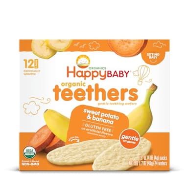 Happy Baby Organic Teethers, Banana and Sweet Potato, Gentle Teething Wafers, Packets, Soothing Rice Cookies for Teething Babies, 2 Count per pack, 12 Count per box, 1.7 Ounce