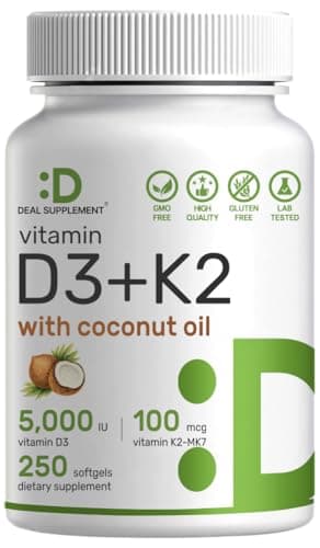 DEAL SUPPLEMENT Vitamin D3 5,000 IU + K2 MK7 100mcg Softgels | 2-in-1 Complex with Virgin Coconut Oil | Supports Heart, Bone, Teeth & Immune Health | Easy to Swallow