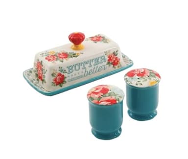 Stunning Pioneer Woman Vintage Floral Salt and Pepper and Butter Dish Set