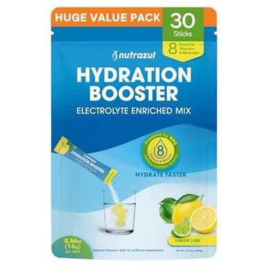 nutrazul Hydration Booster, Electrolytes Powder Sticks with Sodium, Potassium, Vitamin B6 & B12, No Artificial Sweeteners, Lemon Lime Flavor, 30 Sticks