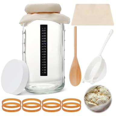Honeydak 8 Pcs Complete Kefir Starter Kit Kombucha Fermenter Kit Half Gallon 64oz Mason Jar Wide Mouth with Plastic Storage Lid Nylon Mesh Strainer Cotton Cloth Cover and Wood Spoon