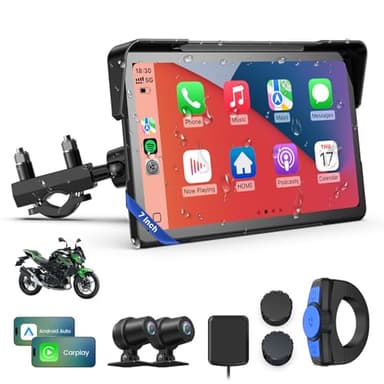 WonVon Motorcycle CarPlay Screen with Android Auto – 7” Waterproof GPS, Pantalla para Moto, Apple CarPlay, Navigation System for Motorcycle, Dual 4K Dash Cam Bluetooth Audio, BSD & TPMS