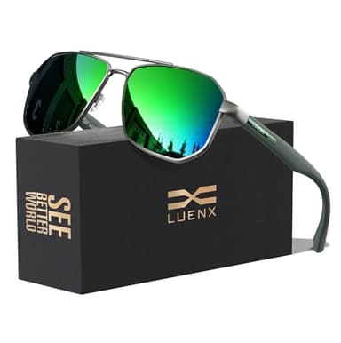 LUENX Aviator Sunglasses for Men Square Polarized Polygon Sun Glasses 61mm,Green Mirror Lens Matte Frame